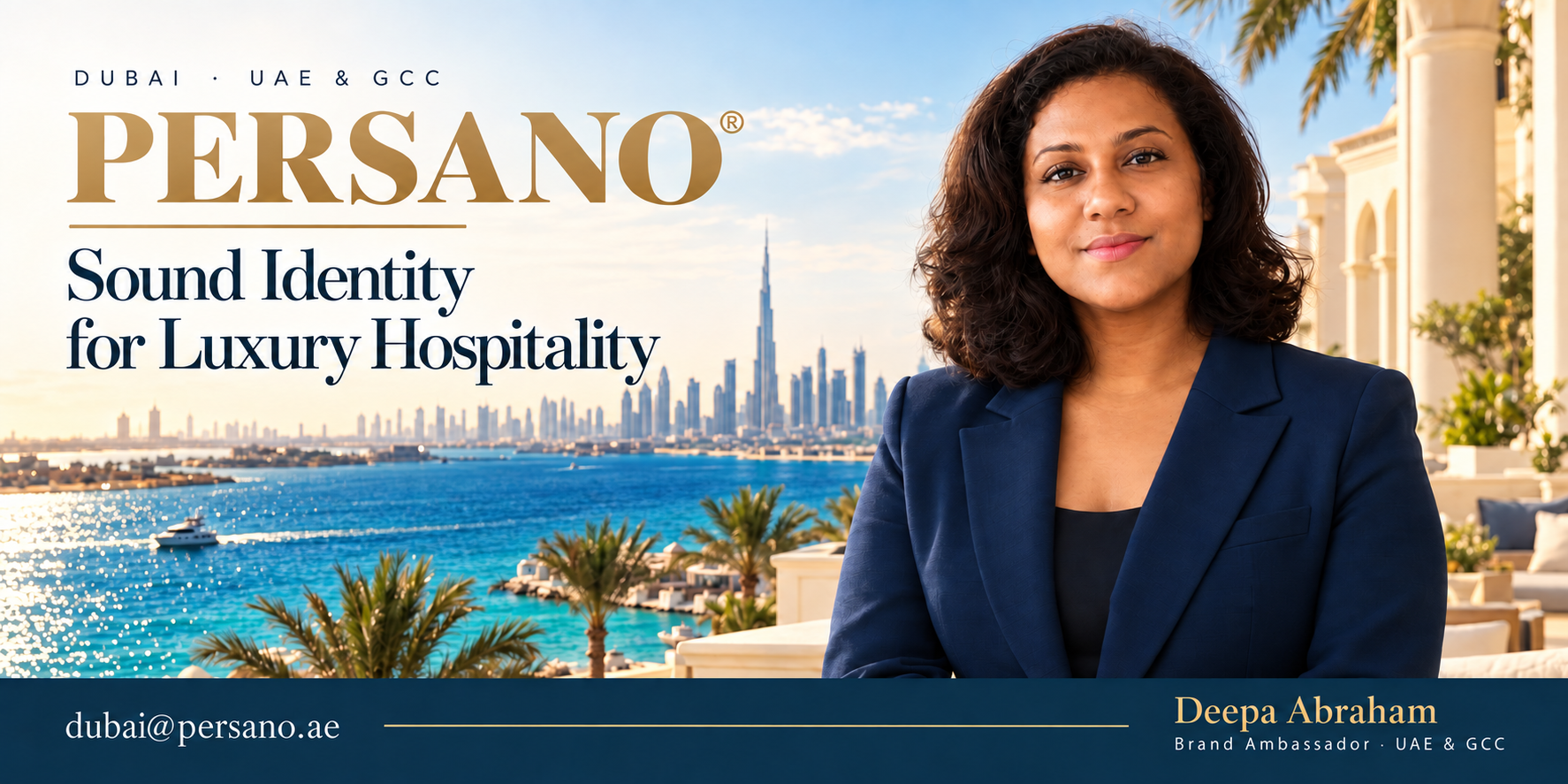 Digital gestaltetes Kampagnenporträt von Deepa Abraham vor Dubais blauem Meer mit der Marke PERSANO und regionalen Kontaktdaten