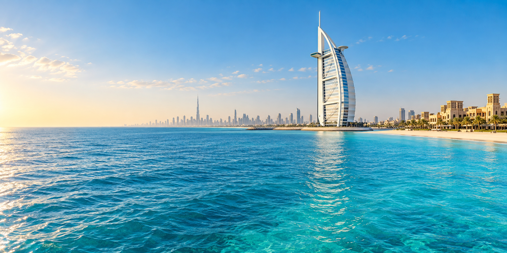 Digital gestaltetes Dubai-Panorama mit kräftig blauem Meer, Burj Al Arab und der Skyline im Hintergrund
