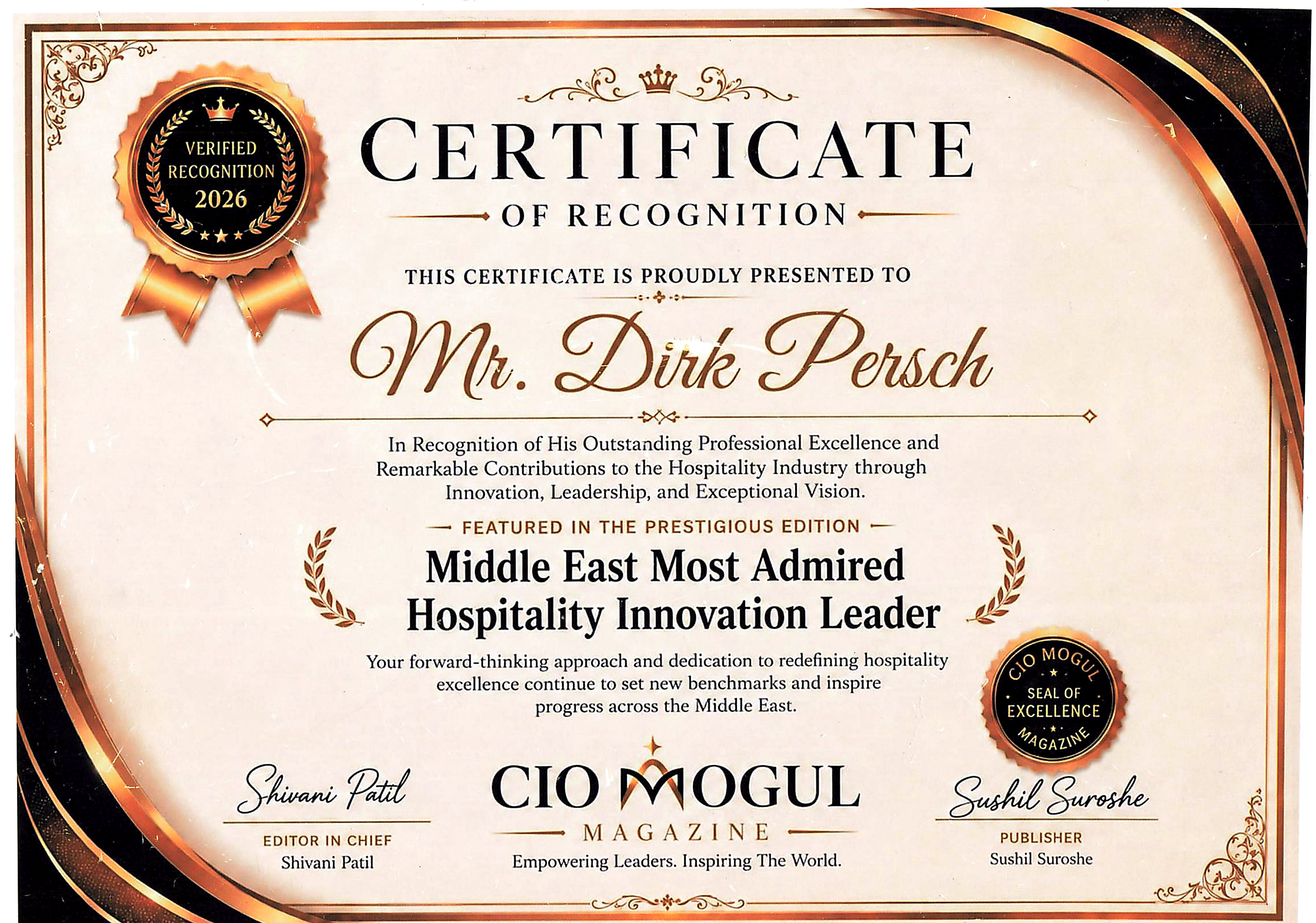 CIO Mogul Magazine Certificate of Recognition 2026 for Dirk Persch