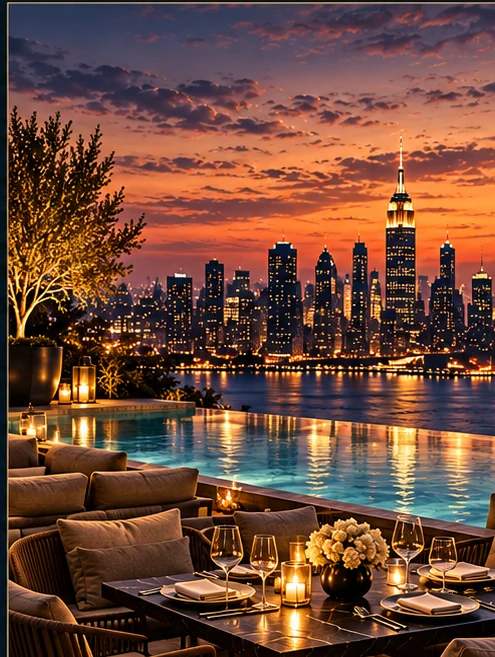 Illustrative luxury New York rooftop terrace and dining atmosphere at sunset