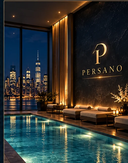 Illustrative PERSANO-branded private wellness sanctuary with skyline view